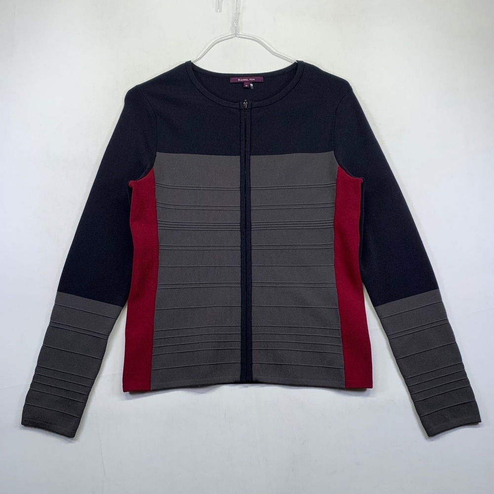 Rachel Roy Gray Color Block Zip‎ Up Knit Top Sweater Womens Medium Preppy